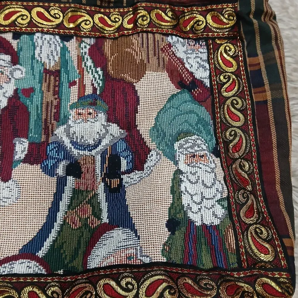 Vintage Tapestry Christmas Santa Tote Bag Holiday Plaid Striped Fabric Hook Loop